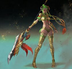  1girl absurdres armor armor_request arowana2111 bikini_armor braid breasts bronze_armor commission feathers freckles full_body gem green_hair green_nails halberd highres holding holding_weapon horns huge_weapon lips long_hair medium_breasts multiple_braids narrow_waist orange_eyes original pauldrons pointy_ears polearm sheep_horns shoulder_armor skindentation solo standing toned toned_female vambraces very_long_hair weapon wide_hips 