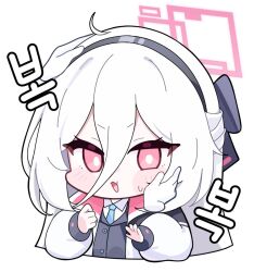  1girl black_hairband blazer blue_archive blue_necktie blush bow chibi chibi_only collared_shirt double-parted_bangs english_commentary hair_between_eyes hair_bow hairband half_updo halo hand_on_another's_cheek hand_on_another's_face hand_on_another's_head headpat highres jacket kei_(blue_archive) kei_(student)_(blue_archive) korean_text long_hair_between_eyes long_sleeves looking_at_viewer loosely_tucked_bangs multicolored_jacket necktie pink_eyes pink_halo poko050498 rectangular_halo shirt translation_request two-tone_jacket white_background white_jacket white_shirt 