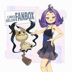  1girl :3 :d acerola_(pokemon) adapted_costume cloudxmoe commentary dress english_commentary grey_eyes hair_ornament hairclip hand_on_own_hip highres holding holding_sign knees looking_at_viewer medium_hair mimikyu open_mouth outstretched_arm pokemon pokemon_(creature) pokemon_sun_and_moon purple_hair sign sleeveless sleeveless_dress smile topknot 