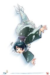  1girl blue_gem blue_hair blush bubble commentary_request fins full_body gem green_kimono head_fins highres japanese_clothes kimono kokechankokko long_sleeves merfolk mermaid monster_girl notice_lines obi open_mouth outstretched_arms sash short_hair smile solo swimming touhou underwater wakasagihime white_background 
