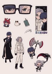  1boy 1girl ahoge aotsuki_eito axe black_choker black_dress black_gloves black_jacket black_shoes blue_eyes book bookmark calico_(pattern) calico_cat character_doll chibi chibi_inset choker commentary_request doll dress earrings glasses gloves grey_hair highres holding holding_axe holding_scythe holding_weapon jacket jewelry long_hair looking_at_viewer male_focus multicolored_hair multiple_views pants purple_hair rechain red_eyes red_hair scythe shizuhara_hiruko shoes short_hair smile streaked_hair sumino_takumi the_hundred_line_-last_defense_academy- weapon white_eyes white_jacket white_pants 