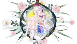  1girl arcaea beret blue_skirt collar commentary dress flower frilled_collar frilled_sleeves frills full_body gem_hat_ornament hair_intakes hat highres hikari_(arcaea) interlocked_fingers layered_dress long_hair long_sleeves looking_at_viewer multicolored_eyes own_hands_clasped own_hands_together pleated_skirt puffy_short_sleeves puffy_sleeves red_hat rose shoes short_sleeves skirt socks solo white_background white_dress white_flower white_hair white_shoes white_socks wide_sleeves witaminu 
