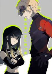  1boy 1girl age_difference animal_print bare_shoulders black_eyes black_gloves black_hair black_pants black_sleeves black_tank_top blonde_hair bright_pupils closed_mouth commentary_request cowboy_shot crossed_arms detached_sleeves from_side gloves gradient_hair grey_background height_difference in-franchise_crossover kihara_ransuu kuroyoru_umidori light_blush long_hair long_sidelocks long_sleeves looking_at_another midriff multicolored_hair navel pants qniokun red_eyes sidelocks standing sunglasses tank_top toaru_majutsu_no_index toaru_majutsu_no_index:_new_testament two-tone_hair two-tone_tank_top upper_body white_pupils zebra_print 