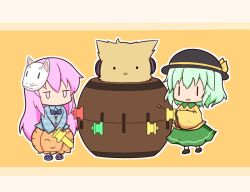  2girls :d bird black_hat black_shoes blue_shirt chibi chibi_only commentary_request full_body gomashio_(goma_feet) green_hair green_skirt hat hat_ribbon hata_no_kokoro jitome komeiji_koishi long_hair long_sleeves mask mask_on_head multiple_girls no_mouth open_mouth orange_background orange_skirt outline owl pink_eyes pink_hair pop-up_pirate ribbon shirt shoes short_hair simple_background skirt smile solid_circle_eyes standing touhou toyosatomimi_no_miko toyosatomimi_no_miko_(owl) white_outline yellow_ribbon yellow_shirt |_| 