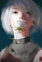  1girl 2b_(nier:automata) 3d black_shirt blender_(medium) blue_background blue_eyes english_commentary expressionless flower gloves highres holding holding_flower nier:automata nier_(series) no_blindfold portrait realistic selescha.arts shirt short_hair sleeveless sleeveless_turtleneck solo turtleneck white_flower white_hair 