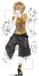  1girl alternate_costume belt black_belt black_pants black_streaks blonde_hair blush_stickers closed_mouth commentary_request contemporary highres jewelry leg_up looking_at_viewer mimino_courou multicolored_hair necklace pants shirt short_sleeves single_blush_sticker smile socks solo standing standing_on_one_leg streaked_hair toramaru_shou touhou yellow_eyes yellow_shirt yellow_socks 
