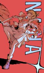  1girl aiguillette belt belt_buckle blonde_hair boots brown_boots buckle character_name commentary daiba_nana epaulettes full_body fur-trimmed_jacket fur_trim hands_up highres holding holding_sword holding_weapon jacket jacket_on_shoulders jeremy950920 katana leg_up long_sleeves looking_ahead miniskirt outstretched_arm parted_lips red_background red_jacket red_sash sash short_hair short_twintails shoujo_kageki_revue_starlight shoulder_sash simple_background skirt solo sparkle standing standing_on_one_leg sword tassel twintails untranslatable_commentary waist_cape weapon white_jacket white_skirt yellow_belt yellow_eyes 