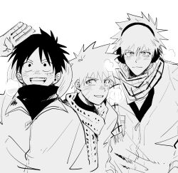  3boys black_hair bleach closed_mouth earmuffs facial_mark greyscale grin hair_between_eyes hat hat_on_back highres iwfy1_5 kurosaki_ichigo male_focus monkey_d._luffy monochrome multiple_boys naruto_(series) one_piece parted_lips plaid_clothes plaid_scarf salute scarf smile spiky_hair stitched_face stitches straw_hat teeth upper_body uzumaki_naruto whisker_markings winter_clothes 