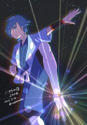  1boy anklet black_shoes blue_eyes blue_hair blue_jacket clenched_hand closed_mouth commentary_request dated falkner_(pokemon) glowing highres jacket jewelry male_focus open_clothes open_jacket outstretched_arm pantyhose pokemon pokemon_heartgold_and_soulsilver shoes short_hair short_sleeves solo translation_request wajou-uruha white_pantyhose wristband 