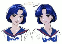  1girl atheko bishoujo_senshi_sailor_moon blue_bow blue_bowtie blue_hair blue_sailor_collar blush bow bowtie brown_eyes closed_mouth commentary_request copyright_name highres light_blush looking_at_viewer mizuno_ami mole mole_under_eye multiple_views parted_bangs parted_lips sailor_collar shirt short_hair signature smile upper_body white_background white_shirt 