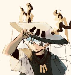  adjusting_clothes adjusting_headwear antlers commentary_request dark-skinned_male dark_skin hair_between_eyes hat highres horns jewelry jimini_shijimi necklace open_mouth original short_hair short_sleeves simple_background sketch smile solo upper_body white-haired_man_(jimini_shijimi) white_background white_hair 