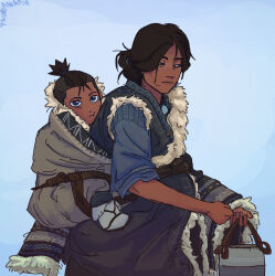  avatar:_the_last_airbender avatar_legends babywearing blue_eyes carrying carrying_child english_commentary fur_trim highres hood hooded_jacket inuit_clothes jacket kya_(avatar) looking_at_viewer mother_and_child mother_and_son parent_and_child piggyback pregnant robin-therobber slice_of_life sokka winter_clothes 