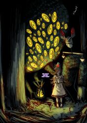  1girl absurdres artist_name brown_dress brown_hair brown_shoes character_request commentary dress english_commentary forest full_body highres long_sleeves looking_at_viewer nature one_eye_covered purud8 rice_shower_(casual)_(umamusume) rice_shower_(umamusume) shoes standing swept_bangs tree twiddling_fingers umamusume 