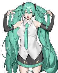  1girl aqua_eyes aqua_hair aqua_necktie aqua_trim bare_shoulders black_boots black_skirt boots breasts collared_shirt cowboy_shot detached_sleeves grey_shirt grey_sleeves hair_between_eyes hands_in_own_hair hatsune_miku headset long_hair looking_at_viewer medium_breasts necktie open_mouth pleated_skirt shirt skirt sleeveless sleeveless_shirt smile solo thigh_boots twintails twitter_username very_long_hair vocaloid white_background yorumudts zettai_ryouiki 