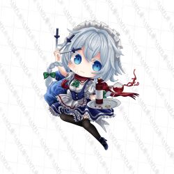  1girl absurdres alcohol black_shoes black_thighhighs blue_eyes blush braid chibi chibi_only closed_mouth commentary_request cup double-parted_bangs drinking_glass full_body grey_hair hair_between_eyes highres holding holding_knife holding_tray izayoi_sakuya knife liefeng_dm looking_at_viewer sample_watermark shoes short_hair simple_background solo standing standing_on_one_leg thigh-highs touhou tray twin_braids watermark white_background wine wine_glass 