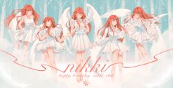  5girls :o absurdres adapted_costume angel angel_wings bare_arms bare_legs bare_shoulders bare_tree barefoot belt bloom_poetry_(shining_nikki) blouse blue_sky bow bowtie bra_strap brown_eyes character_name chinese_commentary closed_eyes closed_mouth commentary_request curtsey day dress english_text expressionless feathered_wings finger_to_cheek forest frilled_shirt frilled_sleeves frills full_body hair_undone hand_on_own_chest happy happy_birthday head_tilt highres holding_own_dress infinity_nikki interlocked_fingers jingyanyan knees layered_skirt leaning_forward long_hair long_sidelocks long_sleeves looking_ahead looking_at_another medium_dress medium_skirt miracle_nikki multiple_girls multiple_persona nature nikki_(nikki) nikki_(series) nikki_up2u nikki_up2u2:_world_traveller off-shoulder_shirt off_shoulder outdoors own_hands_clasped own_hands_together parted_lips perfect_start_(infinity_nikki) pinafore_dress pink_hair pleated_skirt praying print_skirt puffy_long_sleeves puffy_sleeves shining_nikki shirt short_dress short_sleeves sidelocks skirt skirt_set sky sleeveless sleeveless_dress sleeveless_shirt sleeves_past_wrists smile snow snowflake_print snowing spring_waltz_(nikki) strapless strapless_dress tree turtleneck turtleneck_shirt very_long_hair white_bow white_bowtie white_dress white_shirt white_skirt white_wings wings winter 