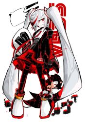  1girl commentary cosplay hatsune_miku hatsune_miku_(cosplay) highres holding holding_stuffed_toy long_hair red_eyes sage_(sonic) sega sonic_(series) stuffed_toy twintails usa37107692 white_hair 