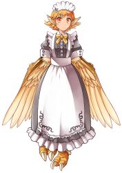  1girl aether_maid_(housamo) apron blonde_hair bombom bow closed_mouth frown harpy head_wings maid_apron maid_headdress monster_girl official_art orange_eyes solo third-party_source tokyo_afterschool_summoners transparent_background wings yellow_bow 