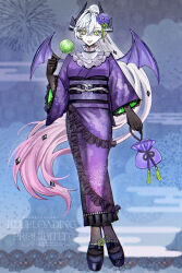  1girl breasts candy_apple crossed_bangs demon_girl demon_horns demon_wings diandao_qin fate/grand_order fate_(series) food full_body green_eyes grey_hair hair_between_eyes high_ponytail highres horns japanese_clothes kimono lilith_(fate) long_hair long_sleeves looking_at_viewer medium_breasts obi platform_heels pointy_ears ponytail purple_kimono sash smile solo tongue tongue_out very_long_hair wide_sleeves wings 