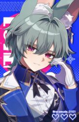  1boy animal_ear_fluff animal_ears aqua_hair blue_jacket commentary_request genshin_impact gloves hair_between_eyes highres jacket lohen_(genshin_impact) male_focus mole mole_under_eye multicolored_eyes pink_eyes rabbit_boy rabbit_ears raramuda_0101 shirt short_hair smile solo white_gloves white_shirt 