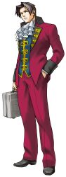  1boy absurdres ace_attorney ascot briefcase curtained_hair edaki_shin'ya formal_clothes full_body grey_hair hand_in_pocket highres male_focus miles_edgeworth official_art phoenix_wright:_ace_attorney_-_trials_and_tribulations simple_background solo standing suit suitcase third-party_source transparent_background 