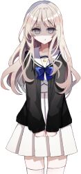  1girl :t black_cardigan blue_bow blue_bowtie bow bowtie cardigan closed_mouth game_asset grey_eyes grey_hair highres hokuto1017 kobayakawa-san_ha_soullike large_variant_set long_hair long_sleeves looking_at_viewer non-web_source open_cardigan open_clothes pleated_skirt pout sailor_collar self-datamine shaded_face simple_background skirt solo thigh-highs transparent_background variant_set white_sailor_collar white_skirt white_thighhighs 