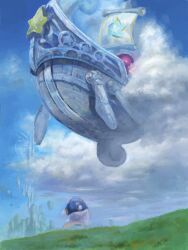  aircraft airship bad_drawr_id bad_id cape clouds cloudy_sky day grass hainesursu kirby's_return_to_dream_land kirby_(series) lor_starcutter magolor no_humans oekaki outdoors sky white_cape wide_shot 