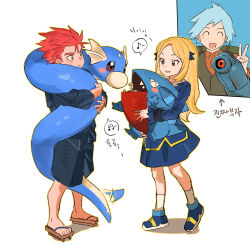 1girl 2boys aged_down beldum blonde_hair blush_stickers closed_mouth commentary_request cynthia_(pokemon) dratini dress gible hair_ornament highres holding holding_pokemon korean_commentary korean_text lance_(pokemon) long_hair multiple_boys musical_note pokemon pokemon_(anime) pokemon_(creature) pokemon_journeys red_hair sandals sangrokei shirt shoes short_hair shorts socks spoken_musical_note standing steven_stone translation_request v white_background 