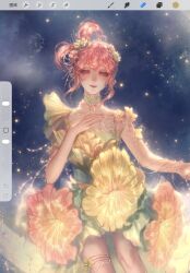  1girl alternate_color angel's_trumpet_(flower) art_program_in_frame bare_arms bead_necklace beads blue_sky bow-shaped_hair brown_eyes chinese_commentary choker closed_mouth clouds collarbone commentary_request cowboy_shot dawn's_melody_(infinity_nikki) dress dress_flower fingernails fireflies flower flower_on_shoulder flower_thigh_strap green_choker green_flower hair_beads hair_flower hair_ornament hair_rings hand_on_own_chest happy highres infinity_nikki jewelry lace-trimmed_choker lace_trim light_particles lipstick makeup necklace night nikki_(nikki) nikki_(series) nostrils outdoors outline pink_flower pink_hair pink_lips procreate_(medium) procreate_(software) sea0 short_hair_with_long_locks sidelocks single_stripe sky sleeveless sleeveless_dress smile solo standing wavy_hair white_outline yellow_flower 