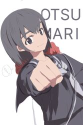  ! 1girl absurdres black_eyes black_hair black_sailor_collar black_shirt character_name clenched_hand closed_mouth commentary grey_sailor_collar highres iroirowm ootsu_mari sailor_collar sayonara_lara school_uniform serafuku shirt short_hair smile solo spoken_exclamation_mark untranslatable_commentary white_background 