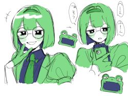  1girl animification black_shirt collared_shirt glasses green_hair green_jacket green_necktie highres humanization jacket lilypad_(toy_story) looking_at_viewer multiple_views necktie oike_pocchan open_clothes open_jacket personification puffy_short_sleeves puffy_sleeves round_eyewear shirt short_sleeves simple_background toy_story toy_story_5 white_background 