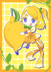  :q absurdres blonde_hair blue_eyes blue_shoes border bow bowtie closed_mouth commentary_request drop_shadow eyelashes food fruit green_bow green_bowtie grid_background highres kumaremomo leaf lemon medium_hair object_and_personification one_side_up orange_border original outline personification puffy_short_sleeves puffy_sleeves shoes short_sleeves smile thick_eyebrows thigh-highs tongue tongue_out white_outline yellow_background 