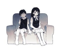  1boy 1girl antenna_hair bac0n_pancakes barefoot brother_and_sister closed_mouth collared_shirt commentary_request couch greyscale hands_on_lap long_hair mari_(faraway)_(omori) mari_(omori) monochrome neckerchief omori on_couch parted_lips pleated_skirt shirt short_hair short_sleeves siblings sitting skirt smile socks sunny_(omori) sweater_vest 