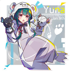  1girl animal_costume animal_hood bear_costume bear_hood blunt_bangs blush border bright_pupils commentary_request fang green_hair grey_background hair_ribbon hand_puppet hands_up highres hood kigurumi kuma_kuma_kuma_bear long_hair long_sleeves looking_at_viewer notice_lines open_mouth outside_border puppet red_eyes red_ribbon ribbon sidelocks skin_fang solo tetenka white_border white_pupils yuna_(kuma_kuma_kuma_bear) 