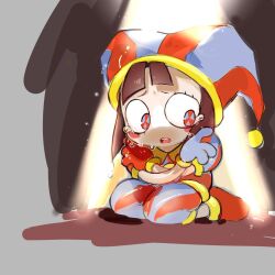  1girl asymmetrical_gloves blush colored_skin crying gloves hat hat_bell highres jester jester_cap jester_costume kneeling lottie_(gravyalloverhim) mismatched_gloves multicolored_eyes multicolored_hat open_mouth pomni_(the_amazing_digital_circus) self_hug sketch solo striped_clothes striped_headwear the_amazing_digital_circus two-tone_eyes two-tone_hat white_skin 