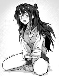  1boy aijou_rentarou between_legs blush collared_shirt commentary_request crossdressing crossdressing_(mtf) crosshatching embarrassed full-face_blush full_body greyscale groin_tendon hair_between_eyes hair_intakes hands_on_ground hatching_(texture) highres kimi_no_koto_ga_dai_dai_dai_dai_daisuki_na_100-nin_no_kanojo long_hair long_sleeves looking_at_viewer loose_socks male_focus money_euro800 monochrome nervous_sweating nose_blush official_alternate_costume official_alternate_hairstyle ohananomitsu_high_school_uniform open_mouth own_hands_together pleated_skirt raised_inner_eyebrows school_uniform scrunchie shadow shirt sidelocks sitting skirt socks solo spread_legs sweat sweater_vest teeth thick_eyebrows twitter_username two_side_up upper_teeth_only very_long_hair white_background white_shirt white_socks wide-eyed wrist_scrunchie 