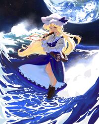  1girl alt_text belt blonde_hair boots brown_belt brown_boots closed_mouth collared_shirt commentary dress earth_(planet) english_commentary fold-over_boots folded_fan folding_fan hand_fan hat hat_ribbon highres holding holding_fan long_hair long_sleeves loose_belt paramonublado planet purple_dress purple_ribbon ribbon shirt single_strap smile solo touhou watatsuki_no_toyohime water white_hat white_shirt yellow_eyes 