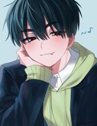  1boy alien_stage black_eyes black_hair black_jacket blazer blue_background blush closed_mouth collared_shirt commentary eighth_note fang fang_out green_hoodie head_rest highres hood hoodie ivan_(alien_stage) jacket kinako_mochi_(xhmyql5hemovqw7) male_focus musical_note official_alternate_costume red_pupils shirt smile solo thick_eyebrows white_shirt 