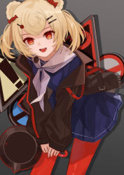  1girl :d absurdres animal_ears arknights bear_ears bear_girl blonde_hair blue_dress blush candy_hair_ornament commentary_request dress food-themed_hair_ornament frying_pan grey_background gummy_(arknights) hair_ornament hairclip highres holding holding_frying_pan leaning_forward looking_at_viewer neckerchief no_entry_sign open_mouth pantyhose red_eyes red_pantyhose road_sign sailor_dress school_uniform serafuku short_hair sign simple_background smile solo teizen_(niwamaee) twintails warning_sign white_neckerchief 