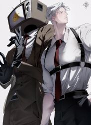  2boys ;) baksa_030 belt black_belt black_gloves black_pants braun_(gwechul) brown_jacket brown_pants brown_suit brown_vest chest_belt collared_shirt commentary_request dress_shirt emoji facing_to_the_side gloves gwechul highres jacket korean_commentary lee_jaheon long_sleeves looking_to_the_side male_focus multiple_boys necktie object_head one_eye_closed pants parted_bangs red_eyes red_necktie shirt short_hair simple_background sleeves_pushed_up smile suit suit_jacket suit_pants television vest waistcoat white_background white_hair white_shirt wing_collar 