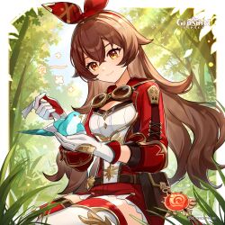  1girl absurdres amber_(100_outrider)_(genshin_impact) amber_(genshin_impact) boots breasts brown_eyes brown_hair commentary crossed_bangs english_commentary genshin_impact gloves goggles goggles_around_neck hair_between_eyes hair_ribbon hairband high-waist_shorts highres jacket long_hair long_sleeves multicolored_gloves official_art red_hairband red_jacket red_ribbon red_shorts red_thighhighs ribbon shorts shrug_(clothing) smile thigh-highs thigh_boots two-sided_gloves two-tone_gloves white_gloves 