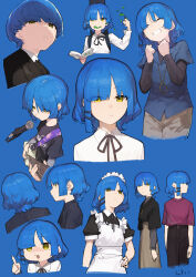  1girl absurdres apron bass_guitar black_shirt blue_background blue_hair blue_shirt bocchi_the_rock! commentary_request expressionless grey_skirt guitar hair_ornament hairclip highres holding holding_bass_guitar holding_instrument instrument instrument_case instrument_case_on_back jewelry layered_sleeves long_sleeves maid maid_apron maid_headdress microphone mole mole_under_eye multiple_views neck_ribbon necklace playing_guitar playing_instrument red_shirt ribbon shiloroshi shirt short_hair short_over_long_sleeves short_sleeves simple_background skirt white_apron white_headdress yamada_ryo yellow_eyes 