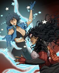  2girls absolute_dc absolute_wonder_woman amazon_warrior arm_wrap black_hair black_lips blue_eyes blue_gloves choker curly_hair dc_comics fishnet_top fishnets gloves high-waist_pants highres long_hair marceline2174 multiple_girls muscular muscular_female pants red_tattoo short_hair smile spell spiked_jacket tattoo tattoo_sleeve wonder_woman wonder_woman_(absolute_dc) wonder_woman_(series) zatanna_zatara zatanna_zatara_(absolute_dc) 