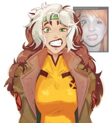 1girl absurdres breasts brown_hair clenched_teeth commentary cupperexe english_text freckles green_eyes green_headband green_jacket headband highres jacket large_breasts long_hair marvel multicolored_hair photo_inset reference_inset rogue_(x-men) solo straight-on streaked_hair superhero_costume teeth thick_eyebrows two-tone_hair untranslatable_commentary white_hair x-men x-men:_the_animated_series 
