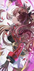  1girl absurdres black_gloves black_pantyhose brown_hair commentary duplicate earrings fate/stay_night fate_(series) floating_hair gem gloves highres holding holding_weapon honkai:_star_rail honkai_(series) jacket jewelry long_hair long_sleeves looking_at_viewer official_alternate_costume open_clothes open_jacket pantyhose parted_lips red_gem red_jacket solo standing tohsaka_rin tohsaka_rin_(honkai:_star_rail) very_long_hair weapon yanjem 