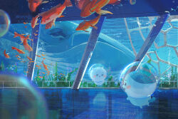  2others air_bubble blue_whale blurry blurry_foreground blush_stickers bubble cat chiikawa chiikawa_(character) fish full_body hachiware_(chiikawa) haedyllic looking_at_another multiple_others net no_humans open_mouth seaweed smile swimming underwater 
