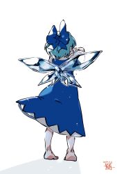  1girl arms_up barefoot blue_bow blue_dress blue_hair bow cirno commentary dated dress from_behind hair_bow highres ice ice_wings kokechankokko light_particles shadow shirt short_hair short_sleeves solo touhou untranslatable_commentary water_drop white_background white_shirt wings 