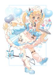  1girl absurdres apron balloon black_bow black_bowtie blonde_hair blue_bow blue_eyes blush bow bowtie commentary_request detached_wings dress food frilled_dress frilled_thigh_strap frills full_body hair_bow hair_ornament heart heart_balloon heart_o-ring highres holding holding_tray layered_dress long_hair long_sleeves looking_at_viewer loose_socks maid_apron o-ring original parfait pink_bow saijo1201 sharp_teeth socks standing standing_on_one_leg tail tail_bow tail_ornament teeth thigh_strap tray twintails white_background wings x_hair_ornament 