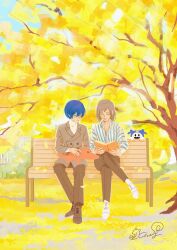  2boys alligator black_pants blue_hair book brown_coat brown_shoes buttons casual cincywang closed_mouth coat collared_shirt commentary crocodilian crossed_legs dappled_sunlight demon_(megami_tensei) double-breasted english_commentary falling_leaves grey_hair highres holding holding_book jack_frost_(megami_tensei) kamiki_akinari leaf long_sleeves male_focus medium_hair multiple_boys on_bench open_book open_clothes pants persona persona_3 reading shirt shoes short_hair signature socks striped_clothes striped_shirt stuffed_animal stuffed_toy sunlight sweater turtleneck turtleneck_sweater vertical-striped_clothes vertical-striped_shirt white_shoes white_socks white_sweater yellow_leaves yuuki_makoto_(persona_3) 