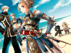 1other 2boys 2girls adventurer_(ff11) animal_ears armor barefoot beach black_pantyhose black_vest blonde_hair blue_eyes blue_jacket blue_pants breastplate breasts cat_ears cat_girl chainmail closed_eyes closed_mouth commentary_request creature crop_top cropped_jacket drawing_sword elf elvaan final_fantasy final_fantasy_xi fingerless_gloves gloves grey_gloves grey_hair hair_between_eyes holding holding_hands holding_sword holding_weapon jacket kiyose_nodoka mandrake medium_breasts midriff mithra_(ff11) multiple_boys multiple_girls ocean open_mouth pants pantyhose parted_lips pointy_ears red_eyes seashell shell short_hair sidelocks smile sword tarutaru vest weapon 
